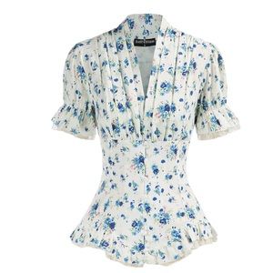Scarlet Darkness Women Victorian Short Sleeve Shirt Floral Lace Up Blouse